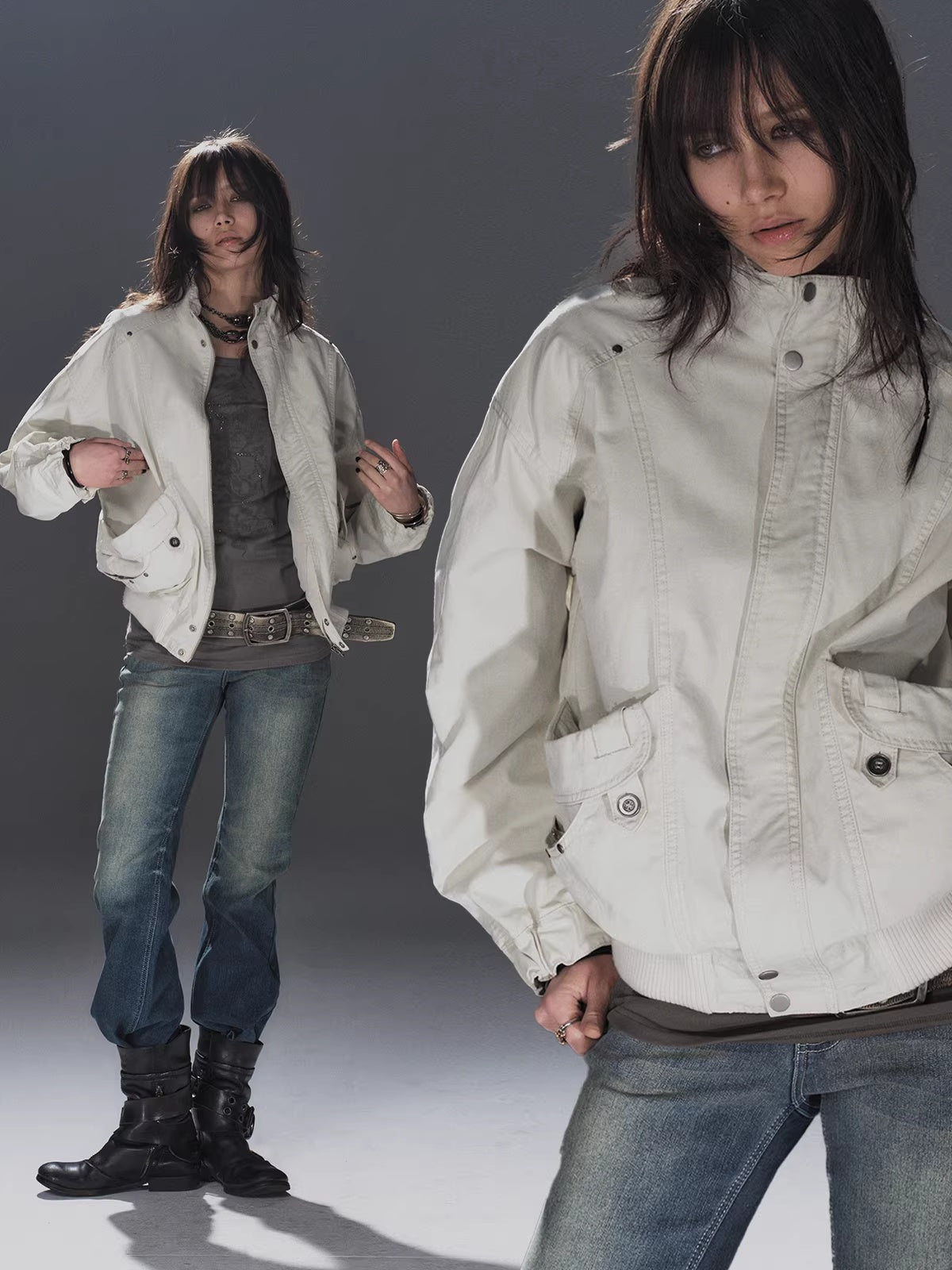 Studded Punk Loose Fit Cotton Stand Collar Ribbed Hem White Female Jacket