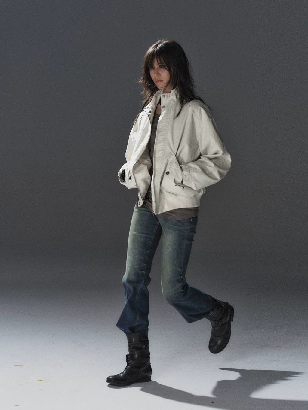 Studded Punk Loose Fit Cotton Stand Collar Ribbed Hem White Female Jacket