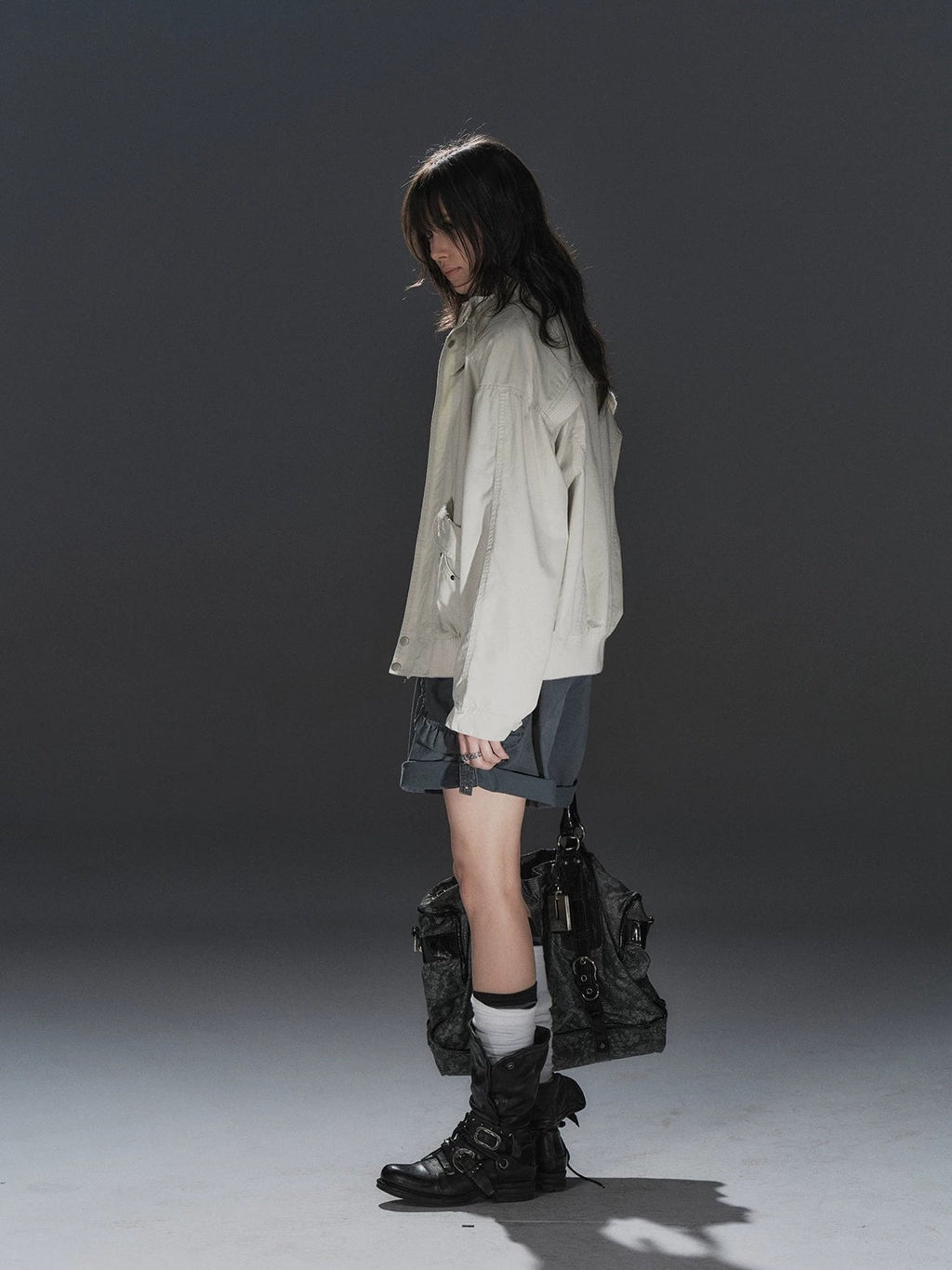 Studded Punk Loose Fit Cotton Stand Collar Ribbed Hem White Female Jacket
