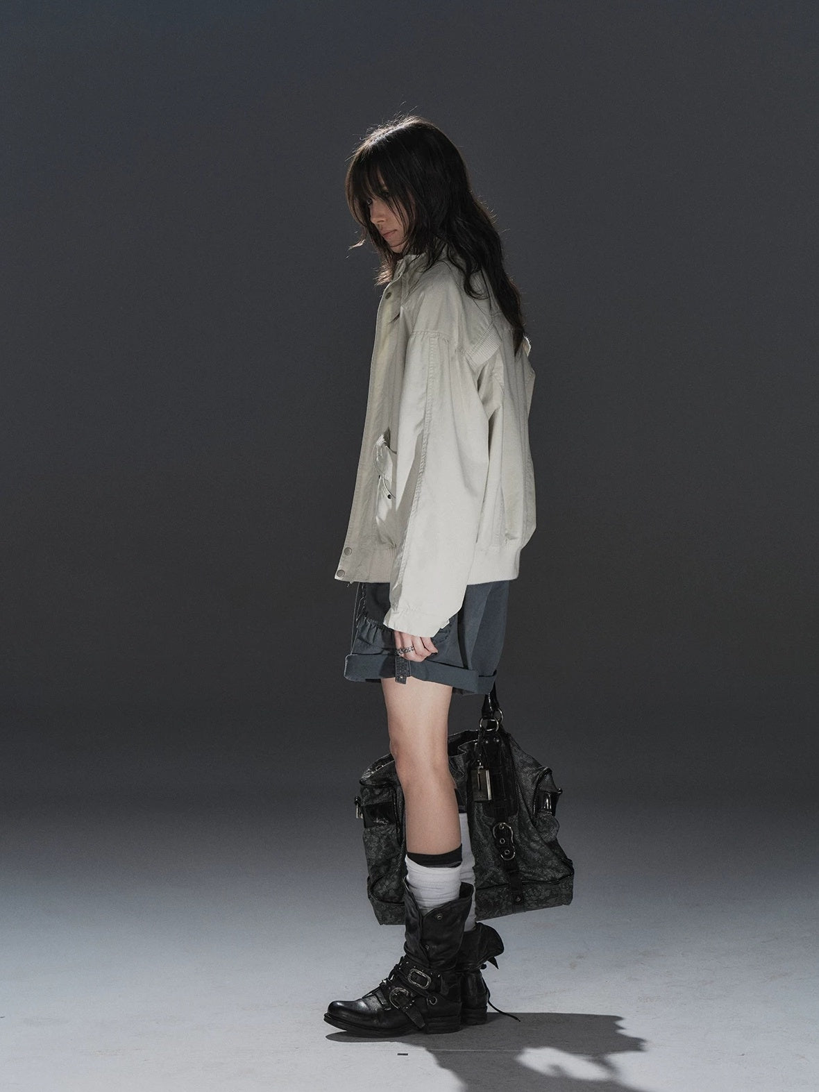Studded Punk Loose Fit Cotton Stand Collar Ribbed Hem White Female Jacket