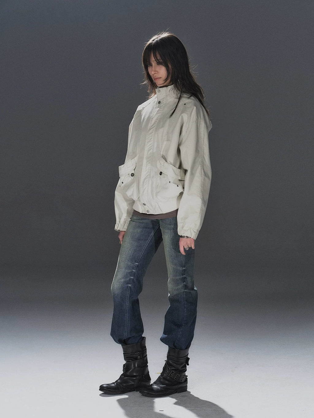 Studded Punk Loose Fit Cotton Stand Collar Ribbed Hem White Female Jacket