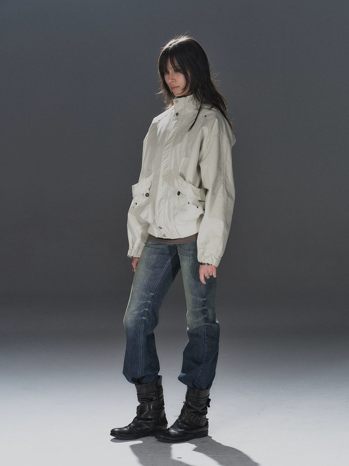 Studded Punk Loose Fit Cotton Stand Collar Ribbed Hem White Female Jacket
