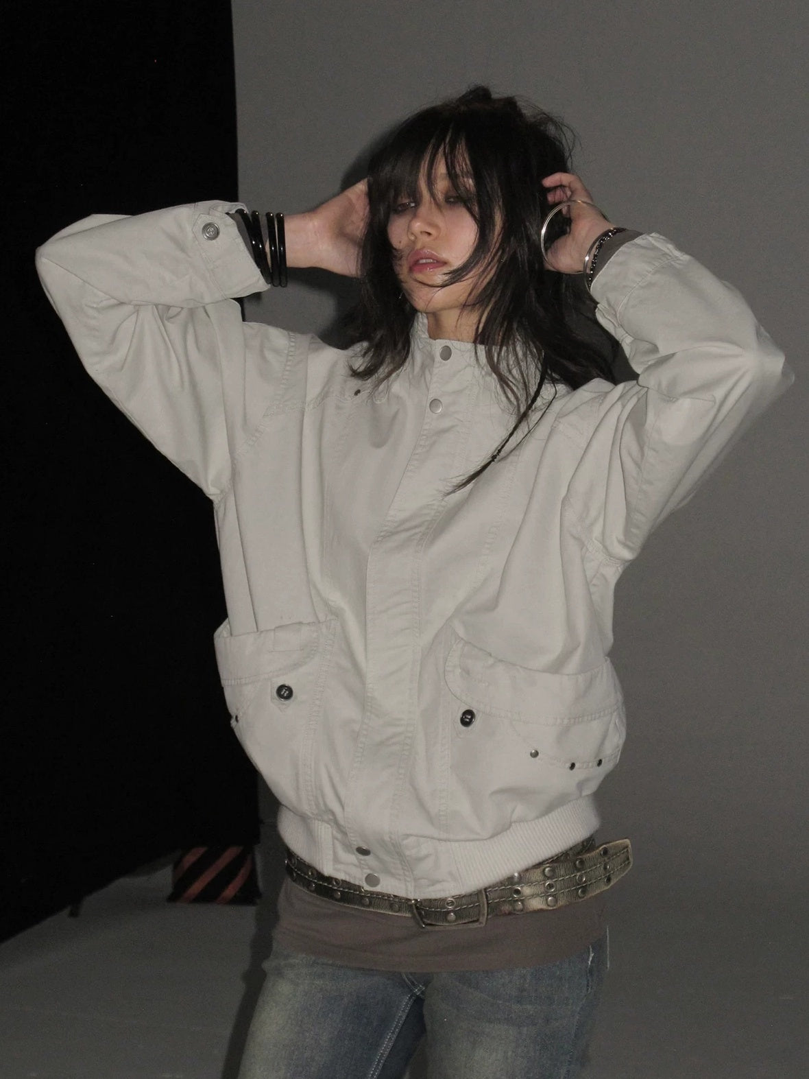 Studded Punk Loose Fit Cotton Stand Collar Ribbed Hem White Female Jacket