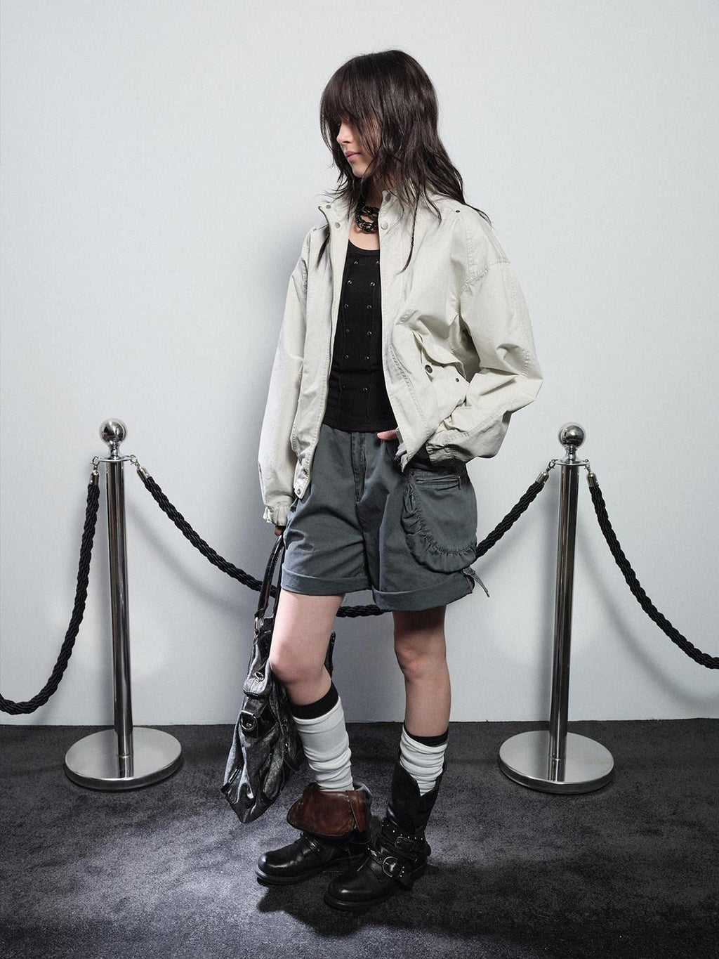 Studded Punk Loose Fit Cotton Stand Collar Ribbed Hem White Female Jacket