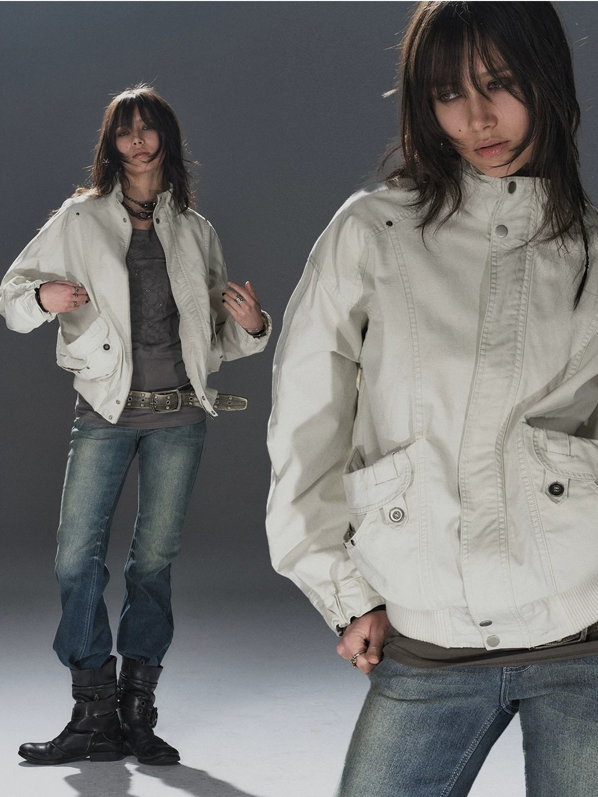 Studded Punk Loose Fit Cotton Stand Collar Ribbed Hem White Female Jacket