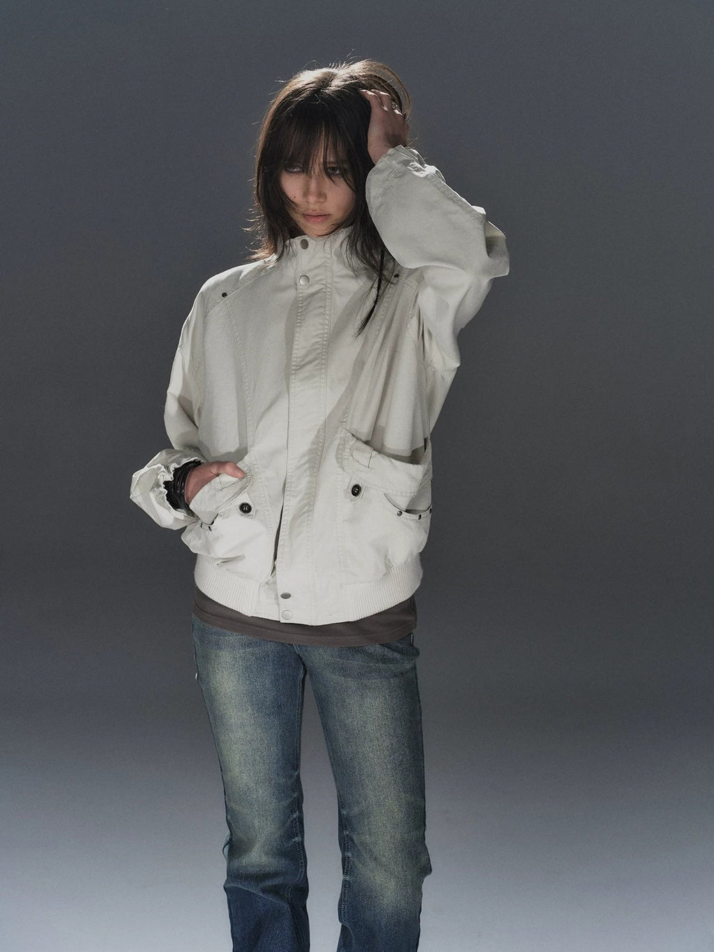 Studded Punk Loose Fit Cotton Stand Collar Ribbed Hem White Female Jacket