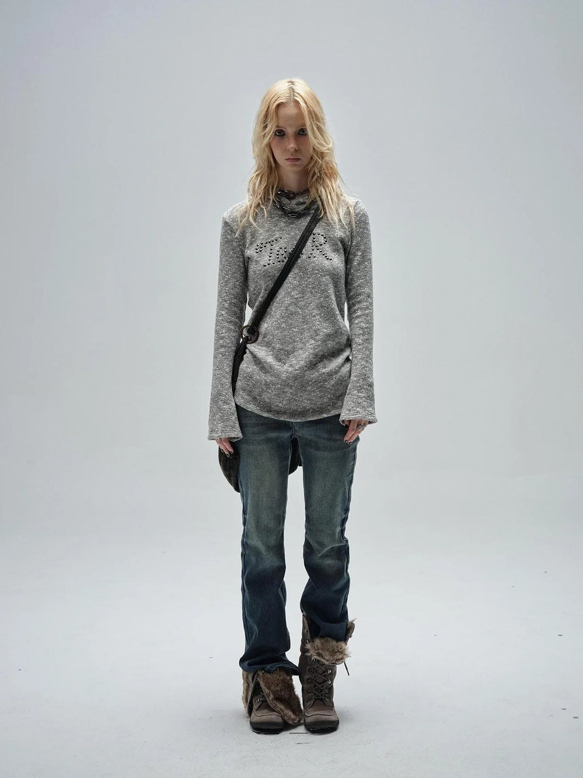 Textured Metal Embellished Hooded Knit Sweater