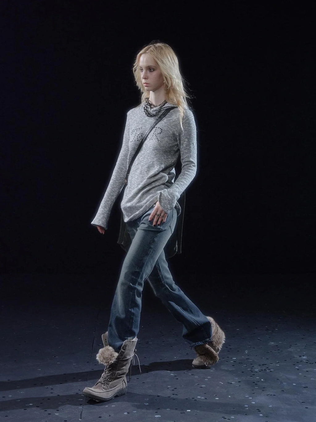Textured Metal Embellished Hooded Knit Sweater