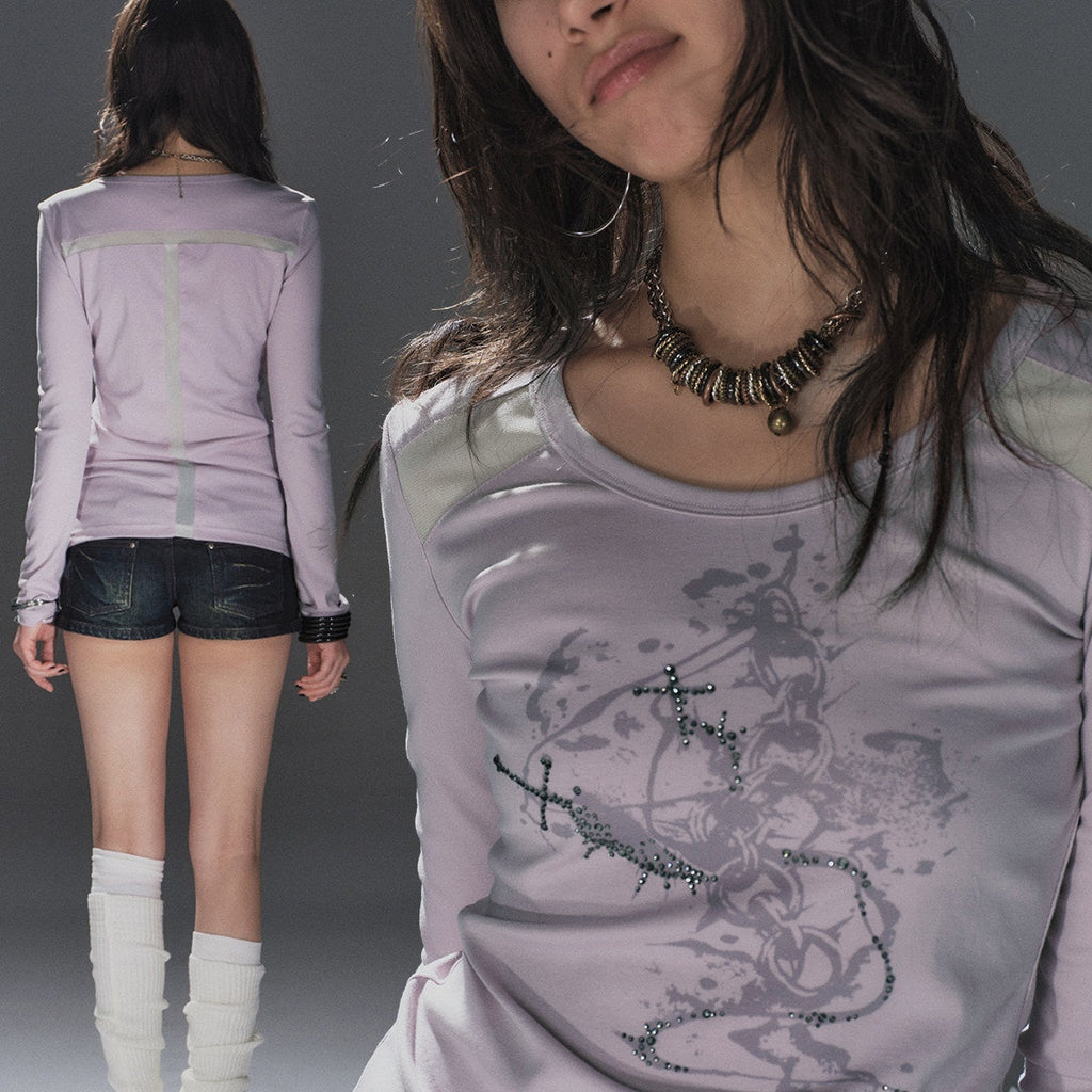 Two Tone Mesh Rhinestone Pleated Women'S Cotton Lyocell Long Sleeve T-Shirts