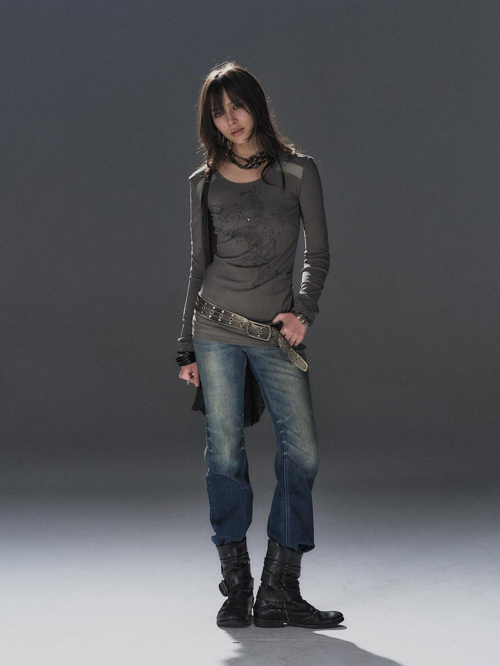 Two Tone Mesh Rhinestone Pleated Women'S Cotton Lyocell Long Sleeve T-Shirts