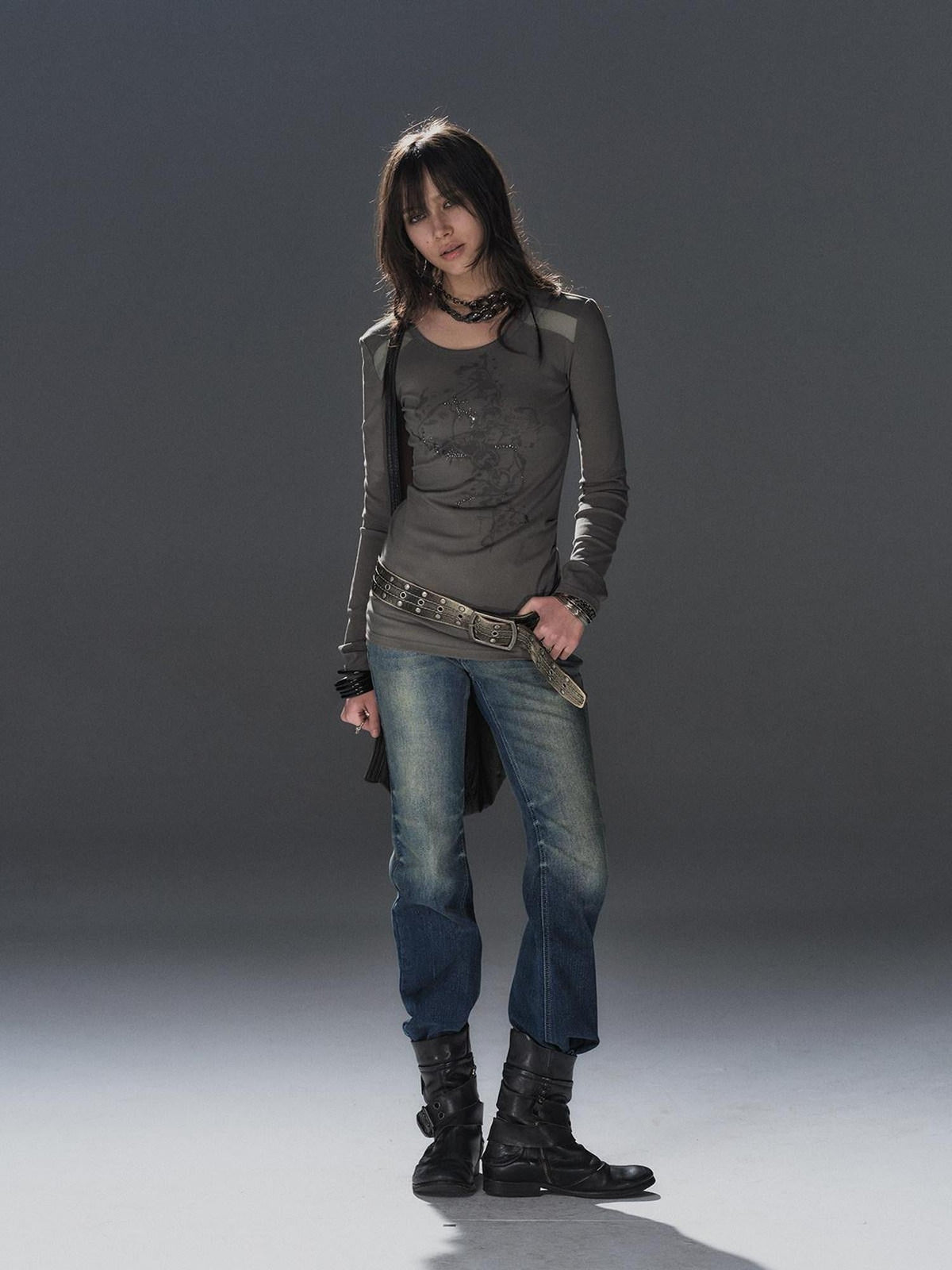 Two Tone Mesh Rhinestone Pleated Women'S Cotton Lyocell Long Sleeve T-Shirts