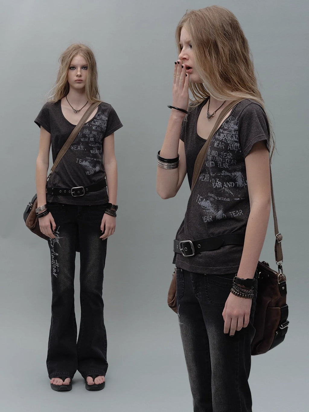 Vintage Grunge Cracked Print V-neck T-shirt Long Sleeve