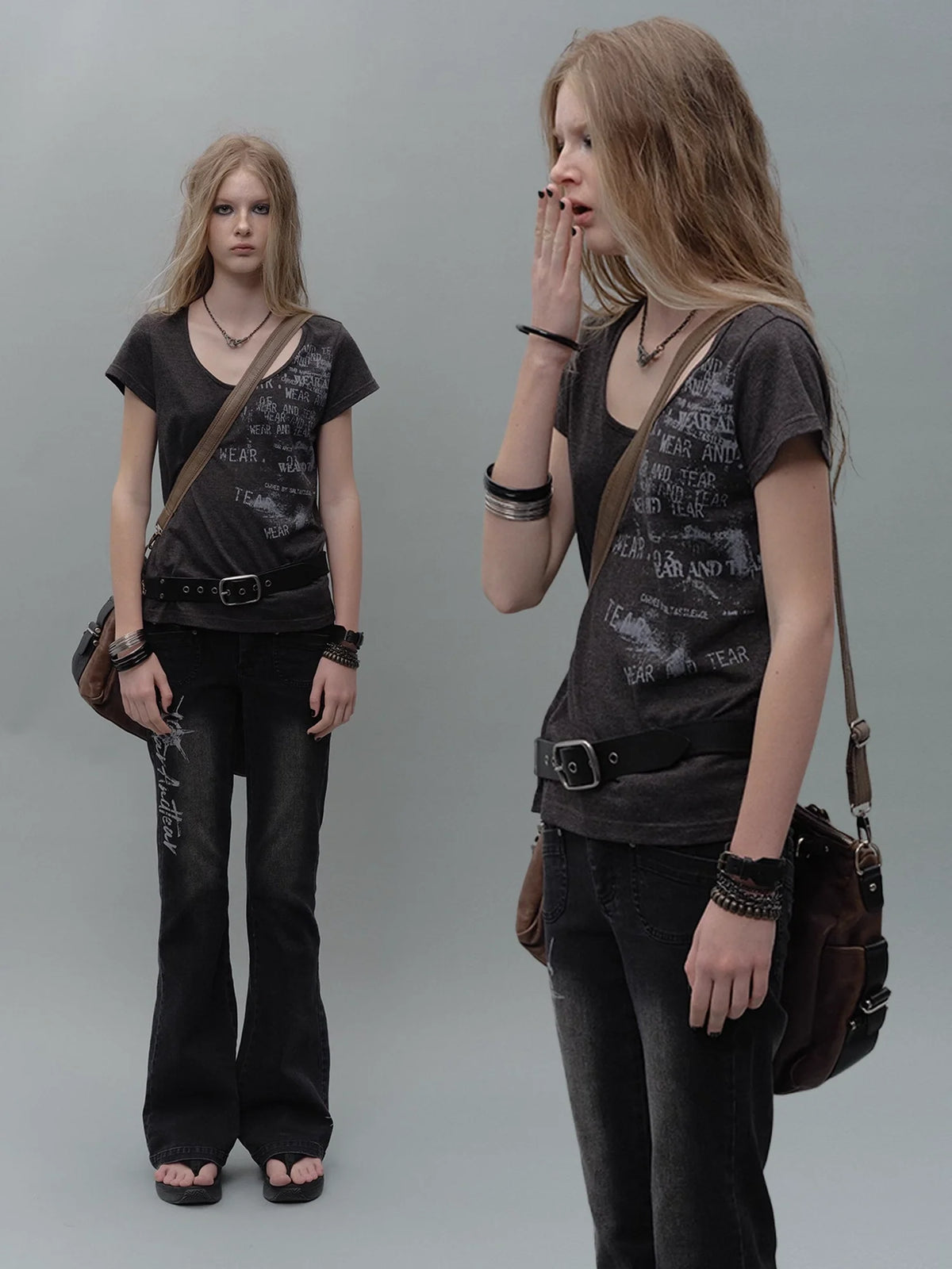 Vintage Grunge Cracked Print V-neck T-shirt Long Sleeve