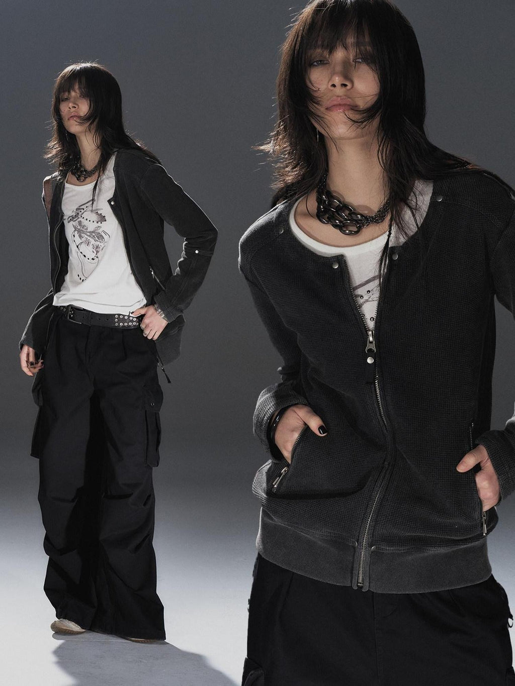 Waffle Knit Studded Distressed Punk Loose Women'S Cotton Blend Zip-Up Hoodies