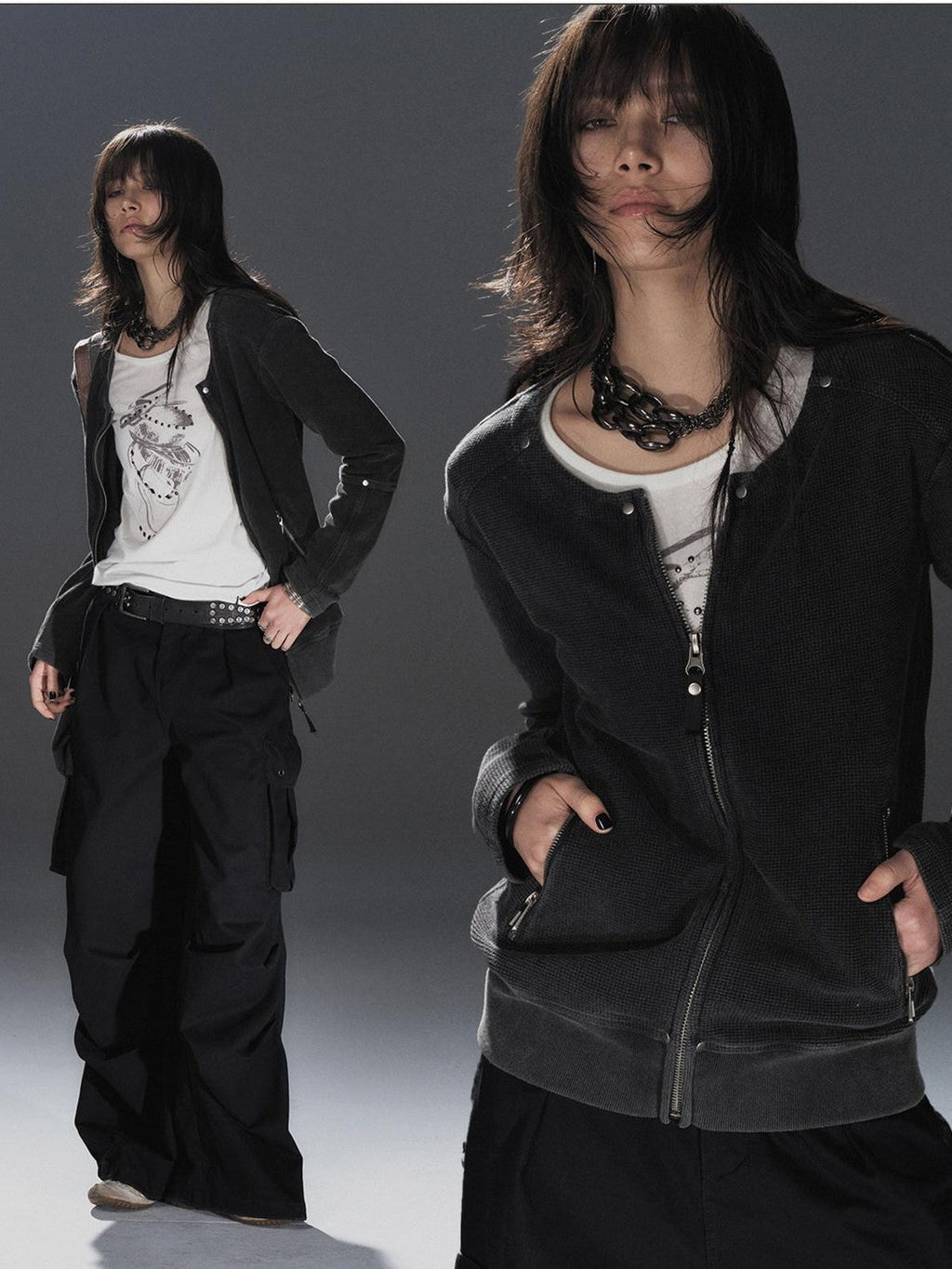 Waffle Knit Studded Distressed Punk Loose Women'S Cotton Blend Zip-Up Hoodies