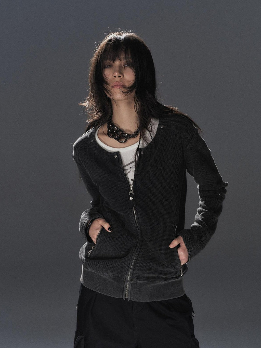 Waffle Knit Studded Distressed Punk Loose Women'S Cotton Blend Zip-Up Hoodies