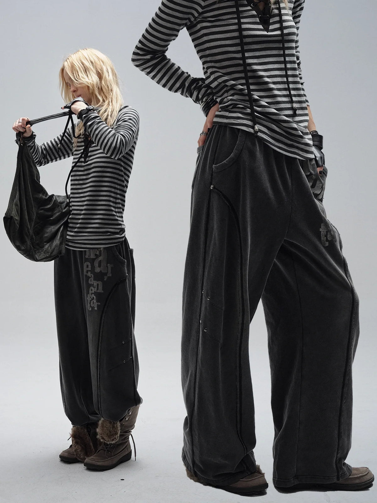 Wear And Tear Frayed Print Relaxed Washed Punk Cargo Pants