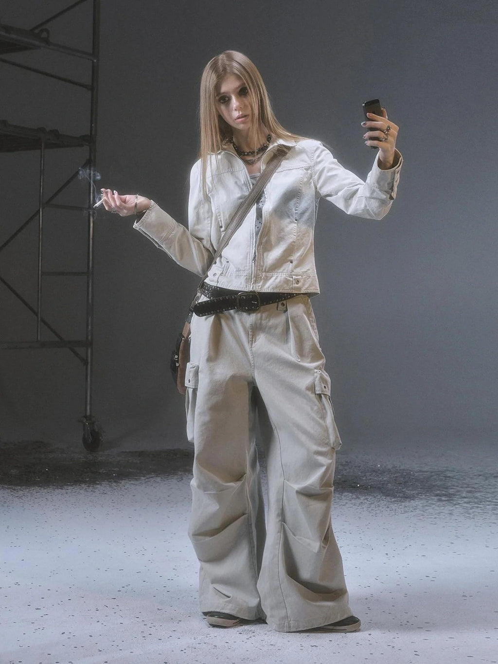 Wide Leg Cargo Pants With Print Embroidery Studs