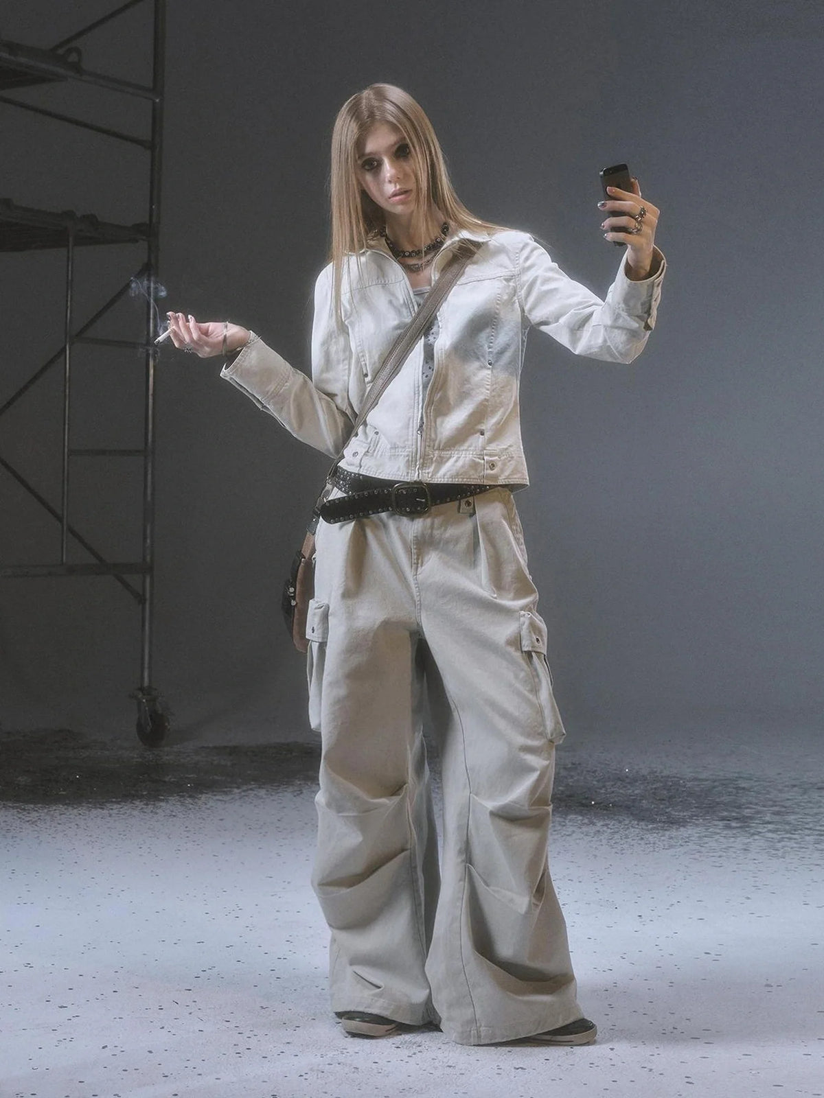 Wide Leg Cargo Pants With Print Embroidery Studs