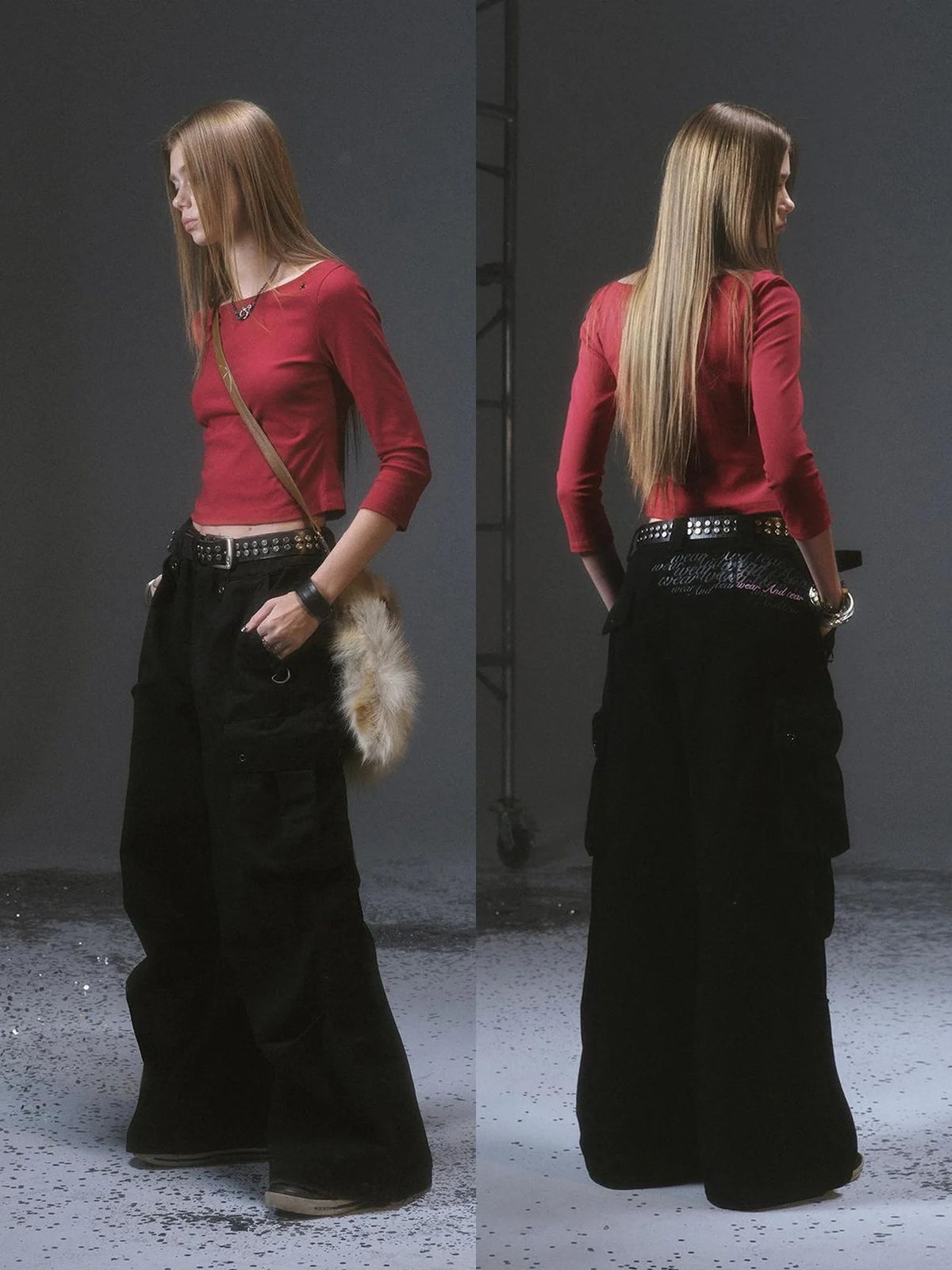 Wide Leg Cargo Pants With Print Embroidery Studs