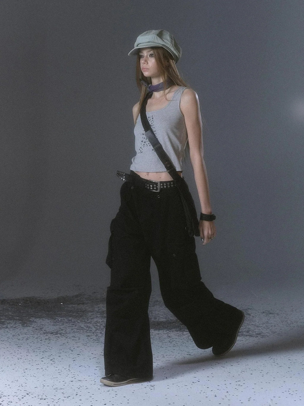 Wide Leg Cargo Pants With Print Embroidery Studs