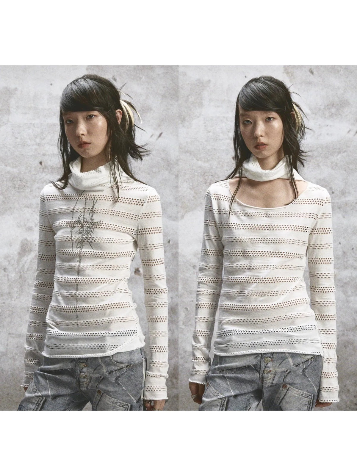 Double Layered Elastic Print Crewneck Long Sleeve Tee