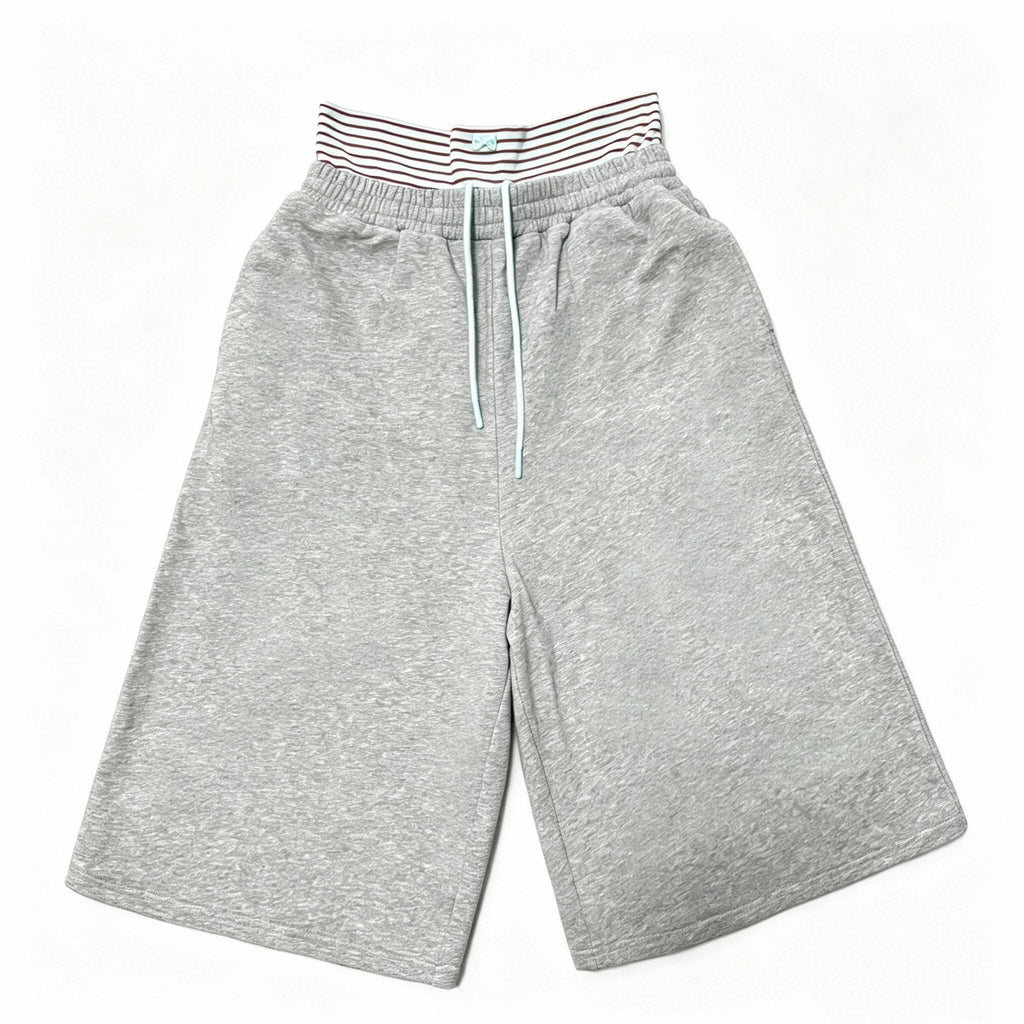 Asymmetric Colorblock Striped Faux Layered Women's Cotton Capri Pants