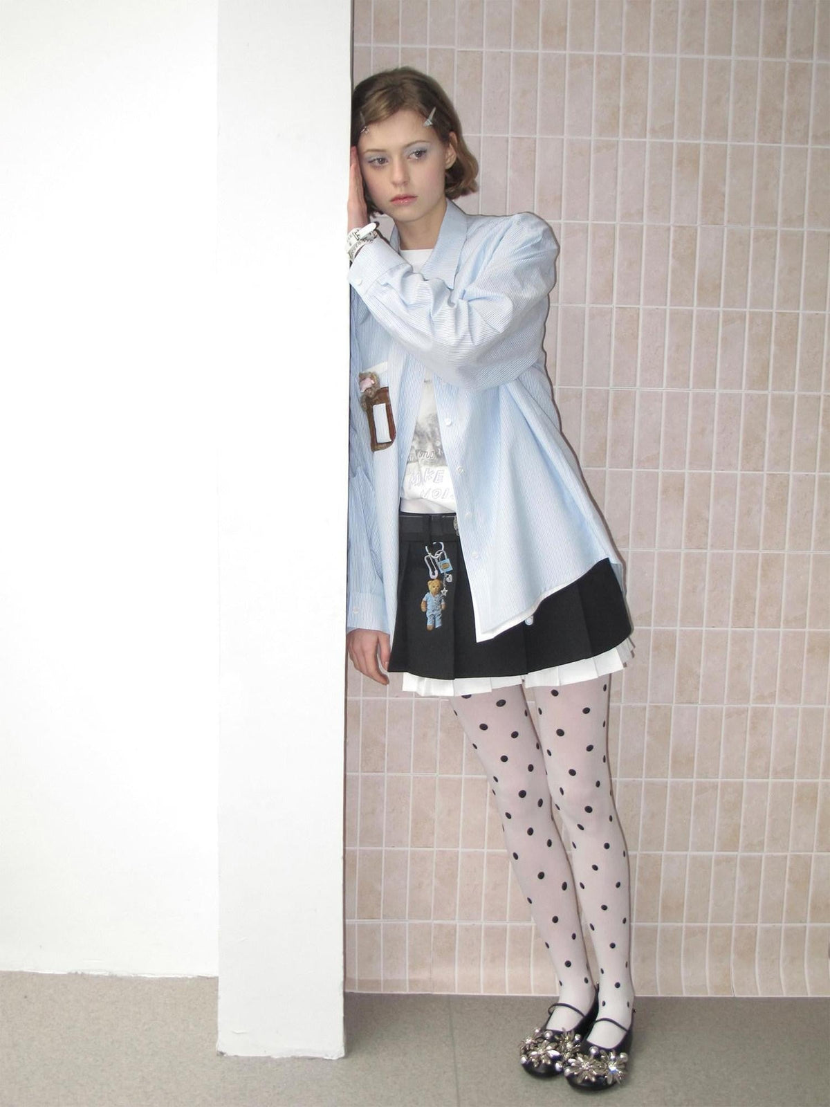 Black Charm Print Faux Two Piece A Line Women's Cotton Pleated Skirts