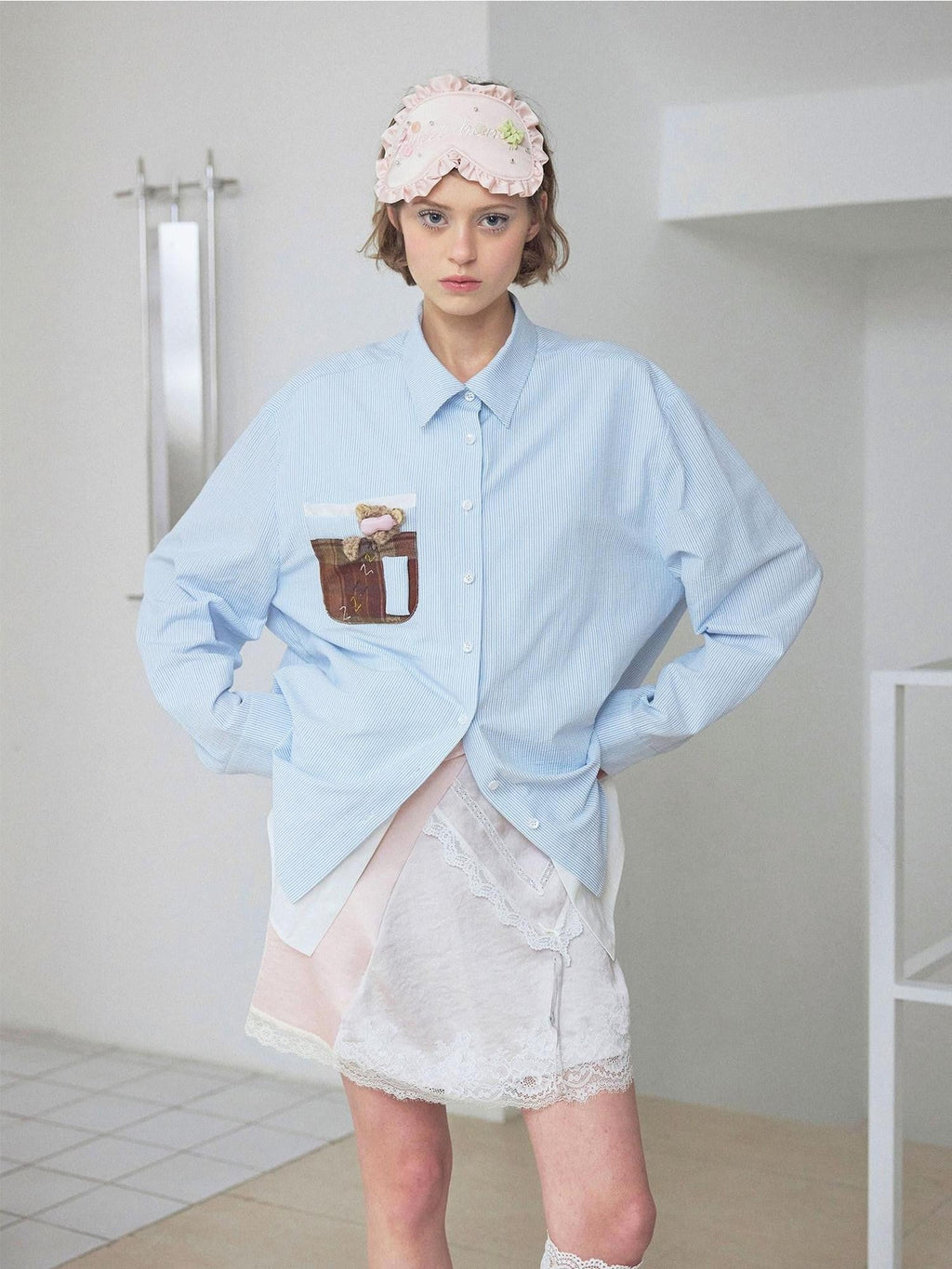 Blue Striped Teddy Pocket Faux Layered Collared Women's Shirts