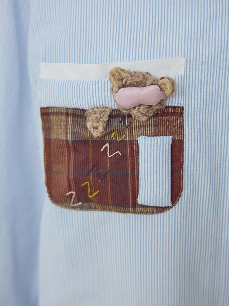 Blue Striped Teddy Pocket Faux Layered Collared Women's Shirts