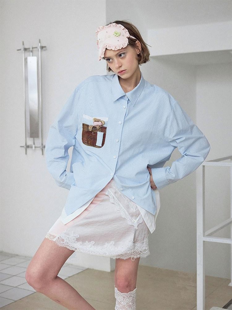Blue Striped Teddy Pocket Faux Layered Collared Women's Shirts