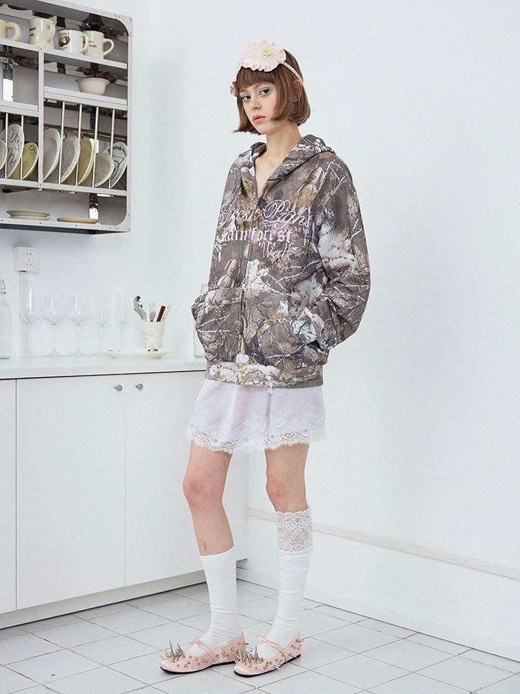 Cropped Camo Bear Print Lettering Women's Cotton Zip-up Hoodies