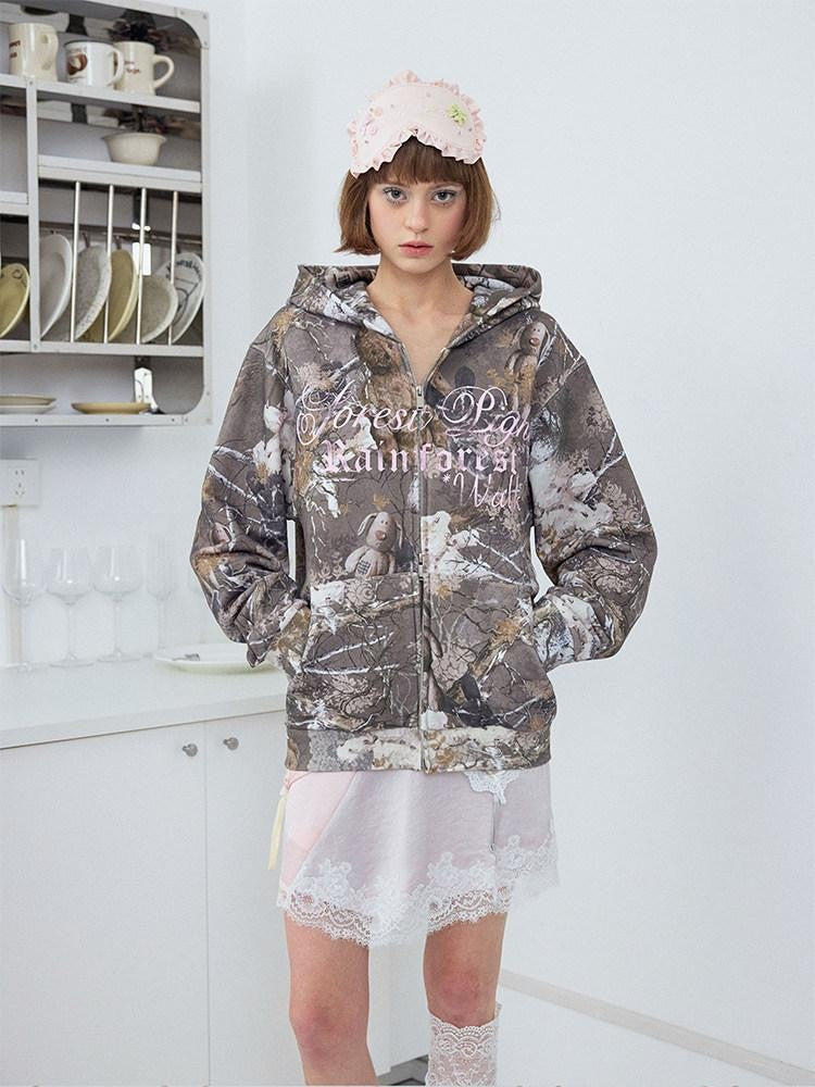 Cropped Camo Bear Print Lettering Women's Cotton Zip-up Hoodies