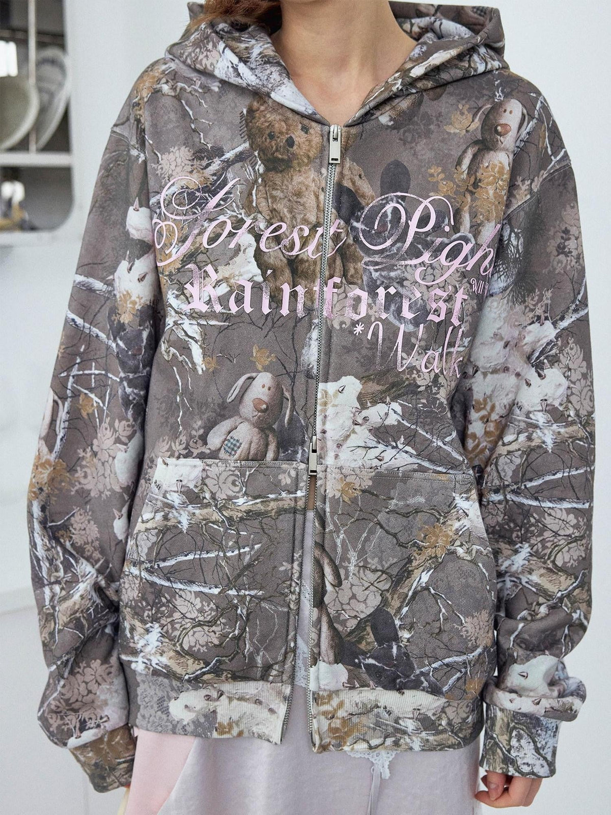 Cropped Camo Bear Print Lettering Women's Cotton Zip-up Hoodies