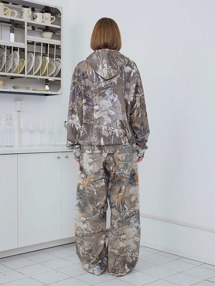 Cropped Camo Bear Print Lettering Women's Cotton Zip-up Hoodies