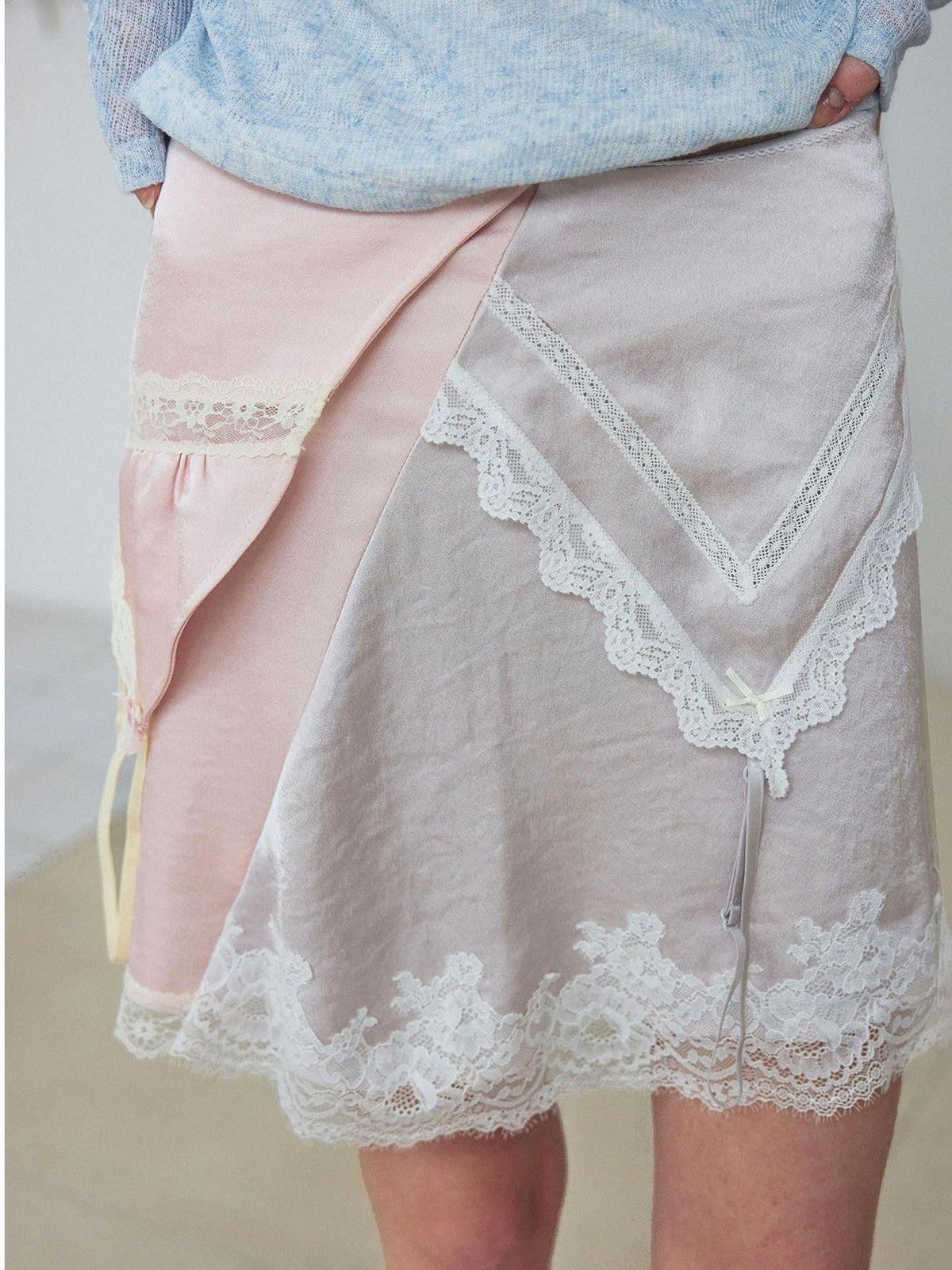 Pale Lilac Reversible Deconstructed Strappy Lace Trim Women's Satin A-line Skirts