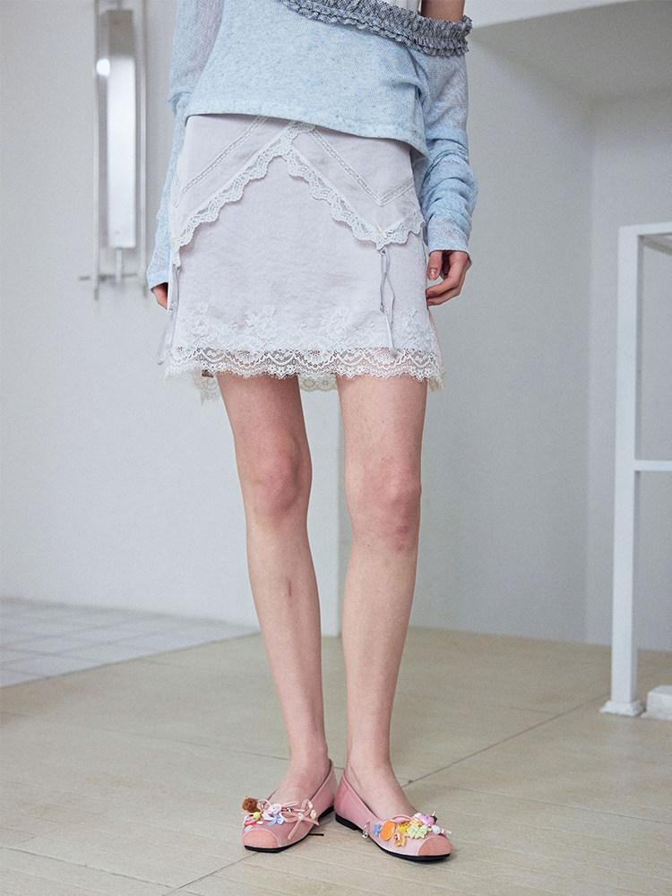 Pale Lilac Reversible Deconstructed Strappy Lace Trim Women's Satin A-line Skirts