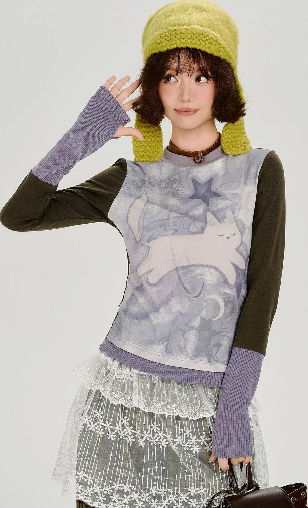Girlyhalo |  RETRO CARTOON SPLICED LONG SLEEVE T-SHIRT【ID:TN00014】