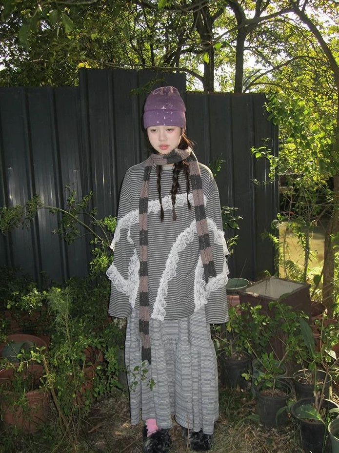 3months | LACE STRIPED LOOSE TOP【ID:TN00040】
