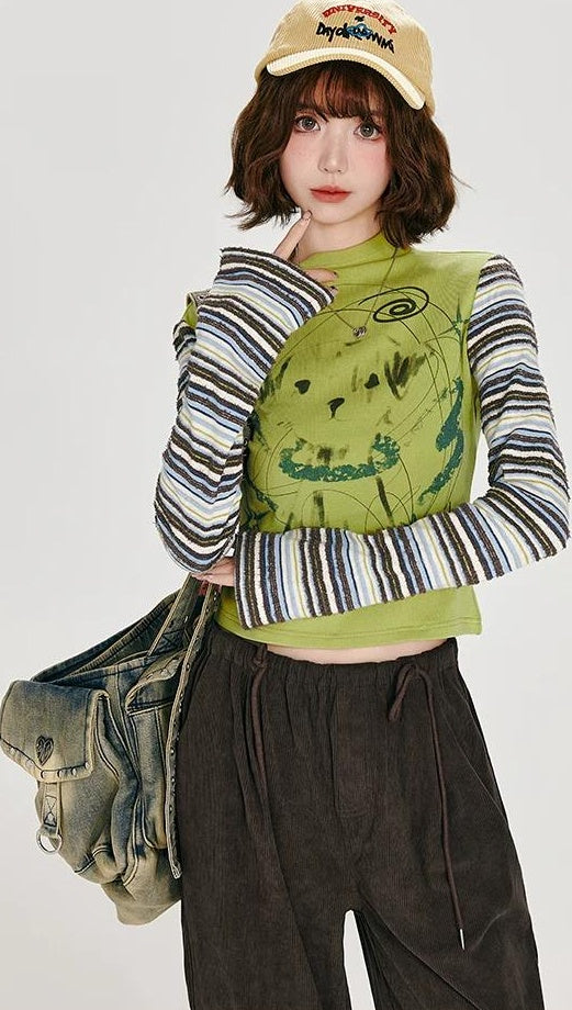 Girlyhalo |  RETRO STRIPED LONG-SLEEVE TOP【ID:TN00007】