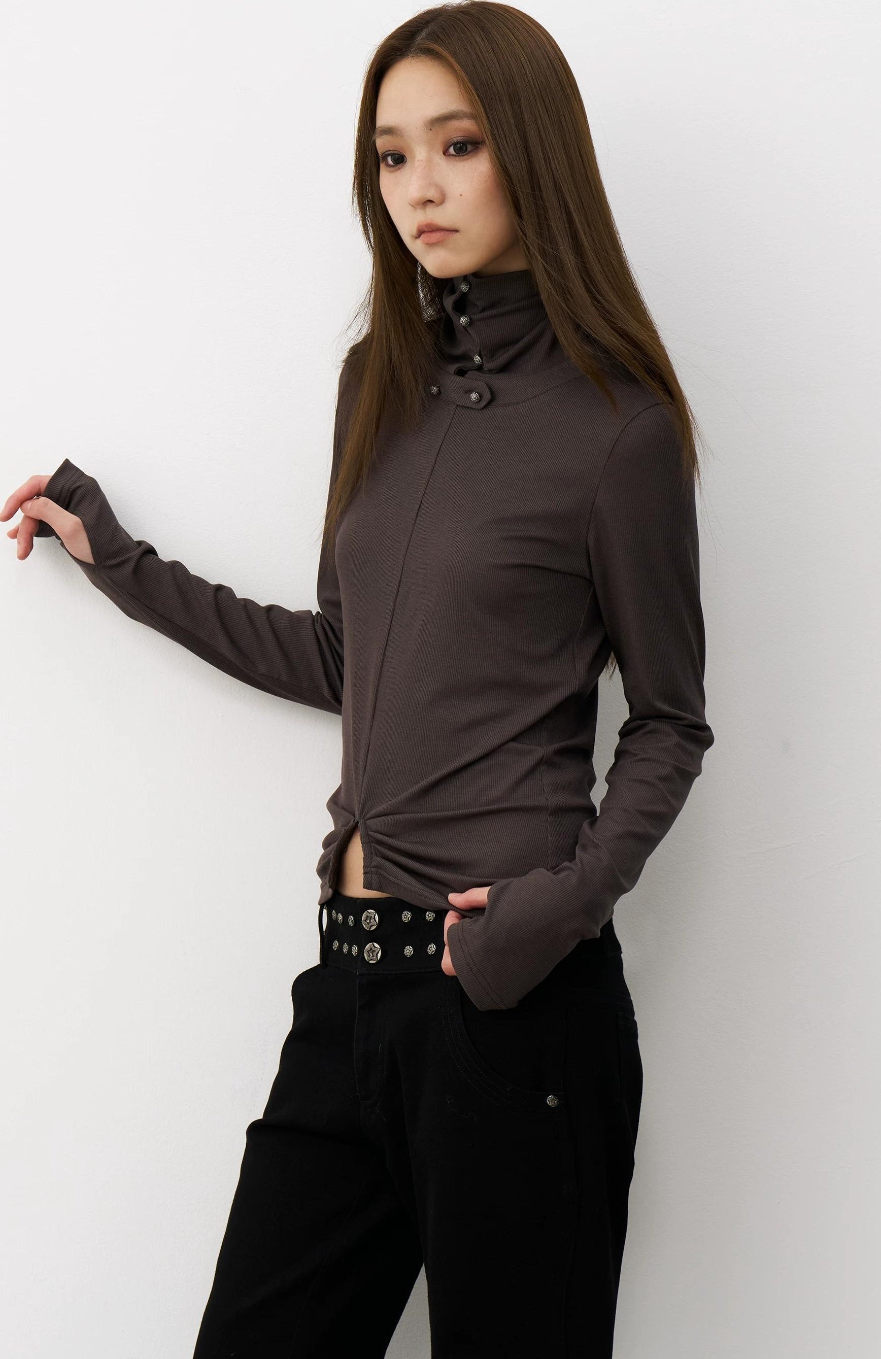 THELIGHT | RETRO PLEATED HIGH NECK T-SHIRT【ID:TN00108】
