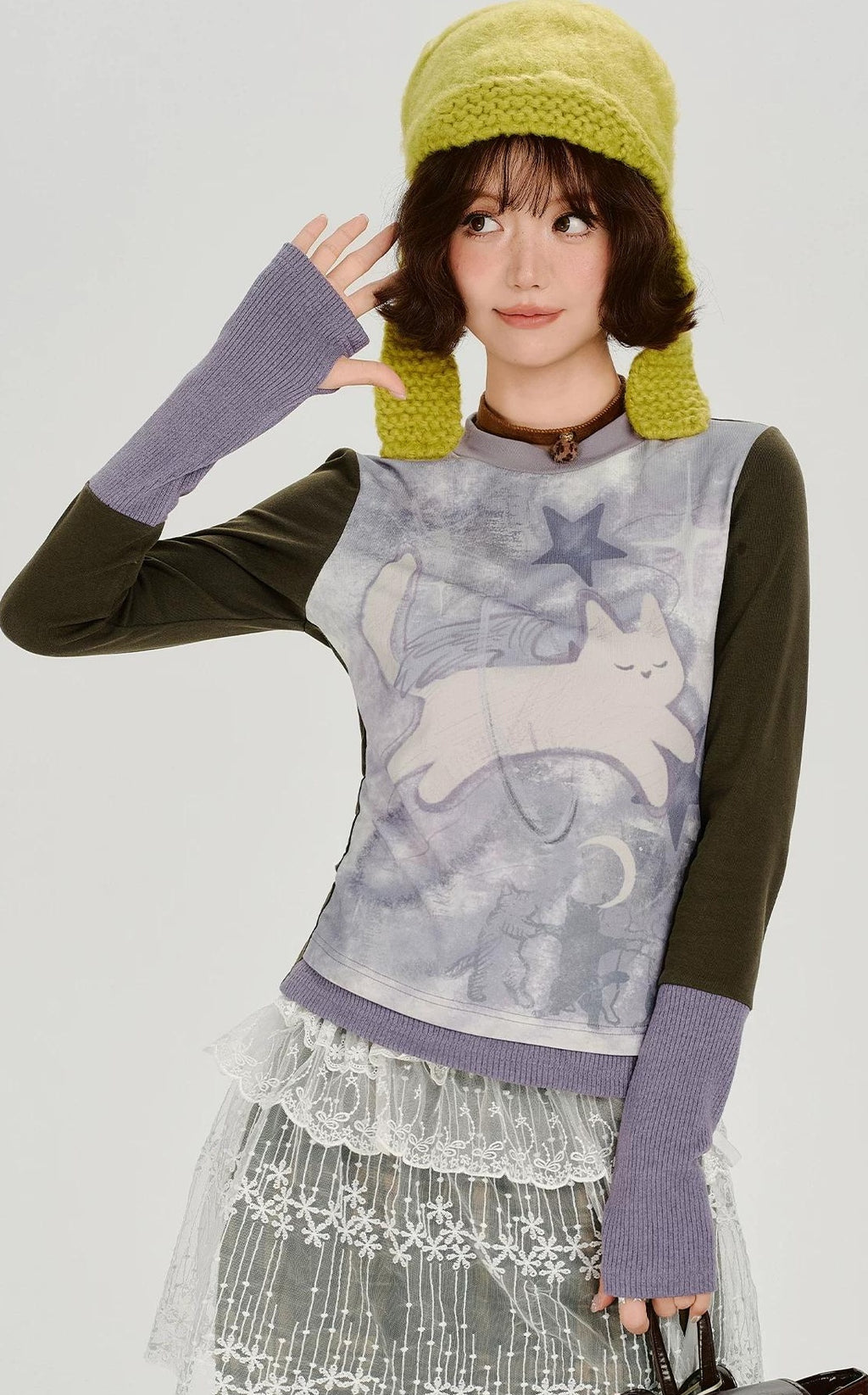 Girlyhalo |  RETRO CARTOON SPLICED LONG SLEEVE T-SHIRT【ID:TN00014】